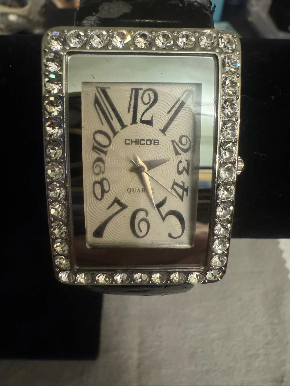Chico's Silver Crystal-Trim Rectangular Watch with Black Strap